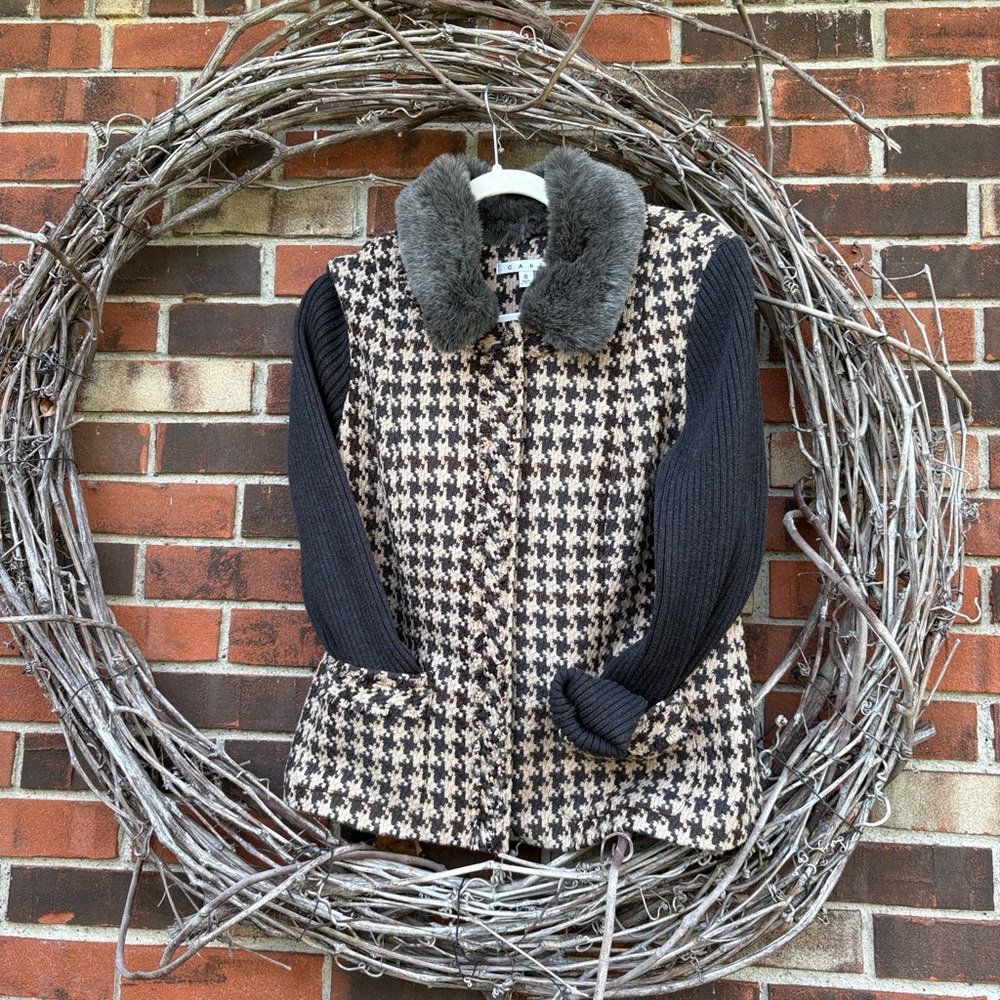 CAbi   Houndstooth Vest with removable Faux Fur Collar/ cozy sleeves